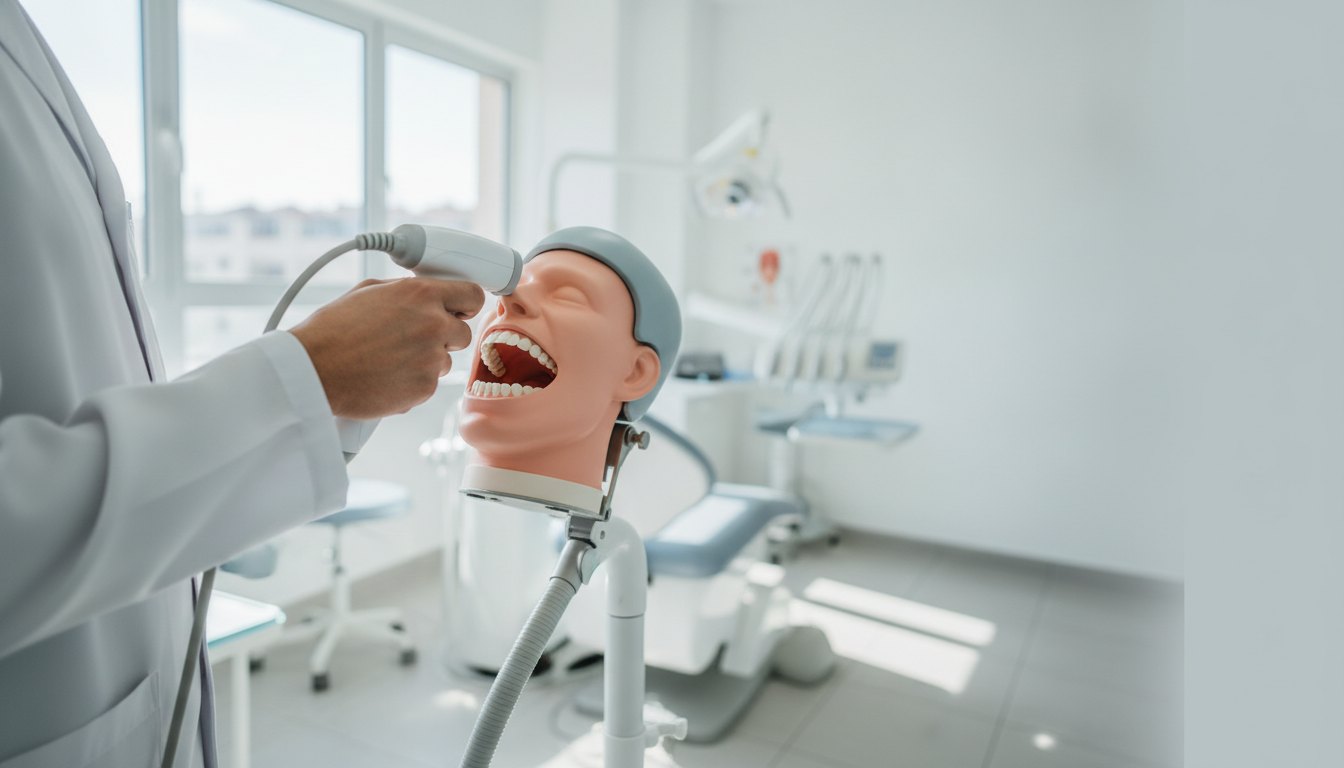 Aluno de odontologia segurando um scanner intraoral perto da boca de um manequim odontológico.