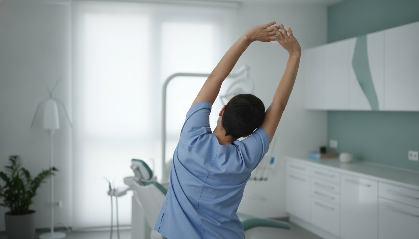Dentista realizando alongamento dos braços e pescoço no consultório odontológico