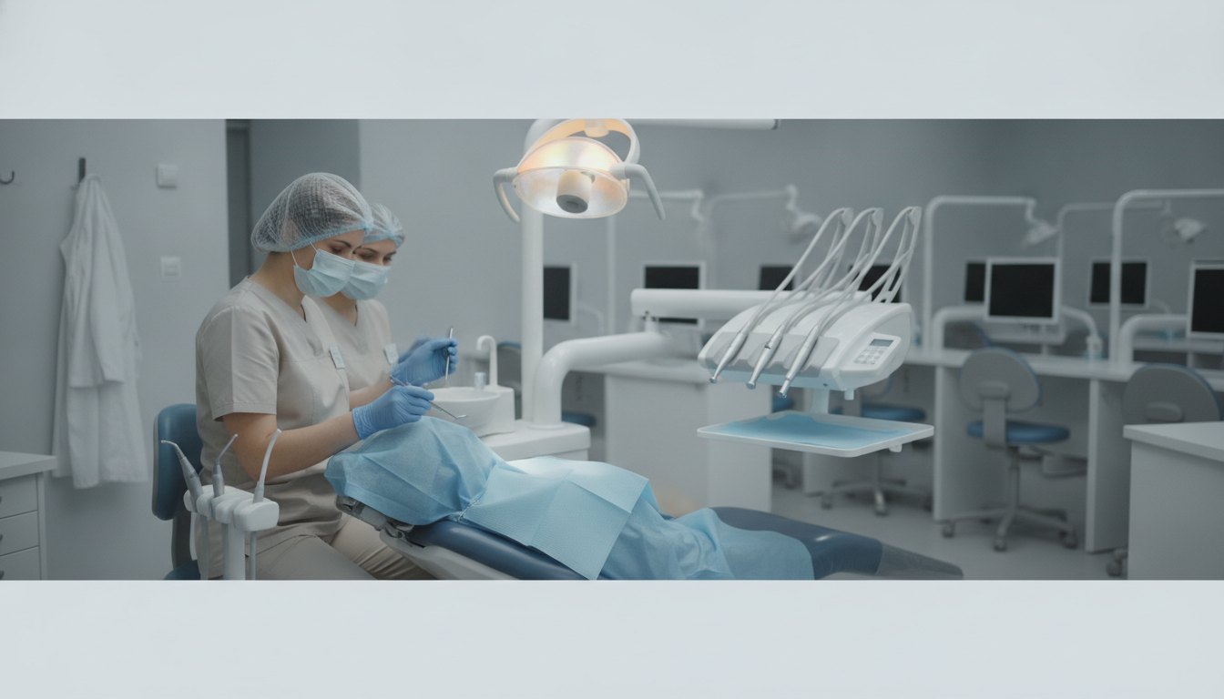 Estudante de odontologia com máscara e luvas atendendo paciente deitado na cadeira odontológica sob supervisão.