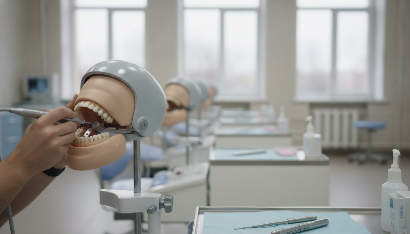 Estudante de odontologia manuseando instrumento em um manequim odontológico dentro de um laboratório prático.